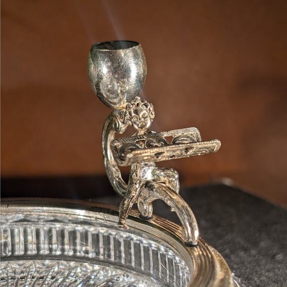 Vintage Ornate Italian Rococo Chrome Lead Crystal Ashtray & Cherub Putti Snuffer - Picture 3 of 8